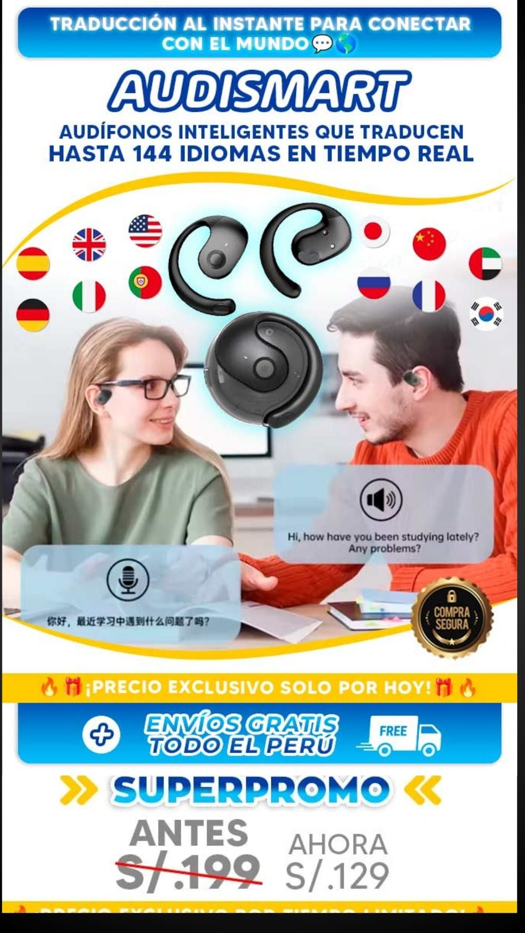 Audismart/ Traduce idiomas al instante desde tu oído/Compra 1 y el 2° a mitad de precio + envío GRATIS