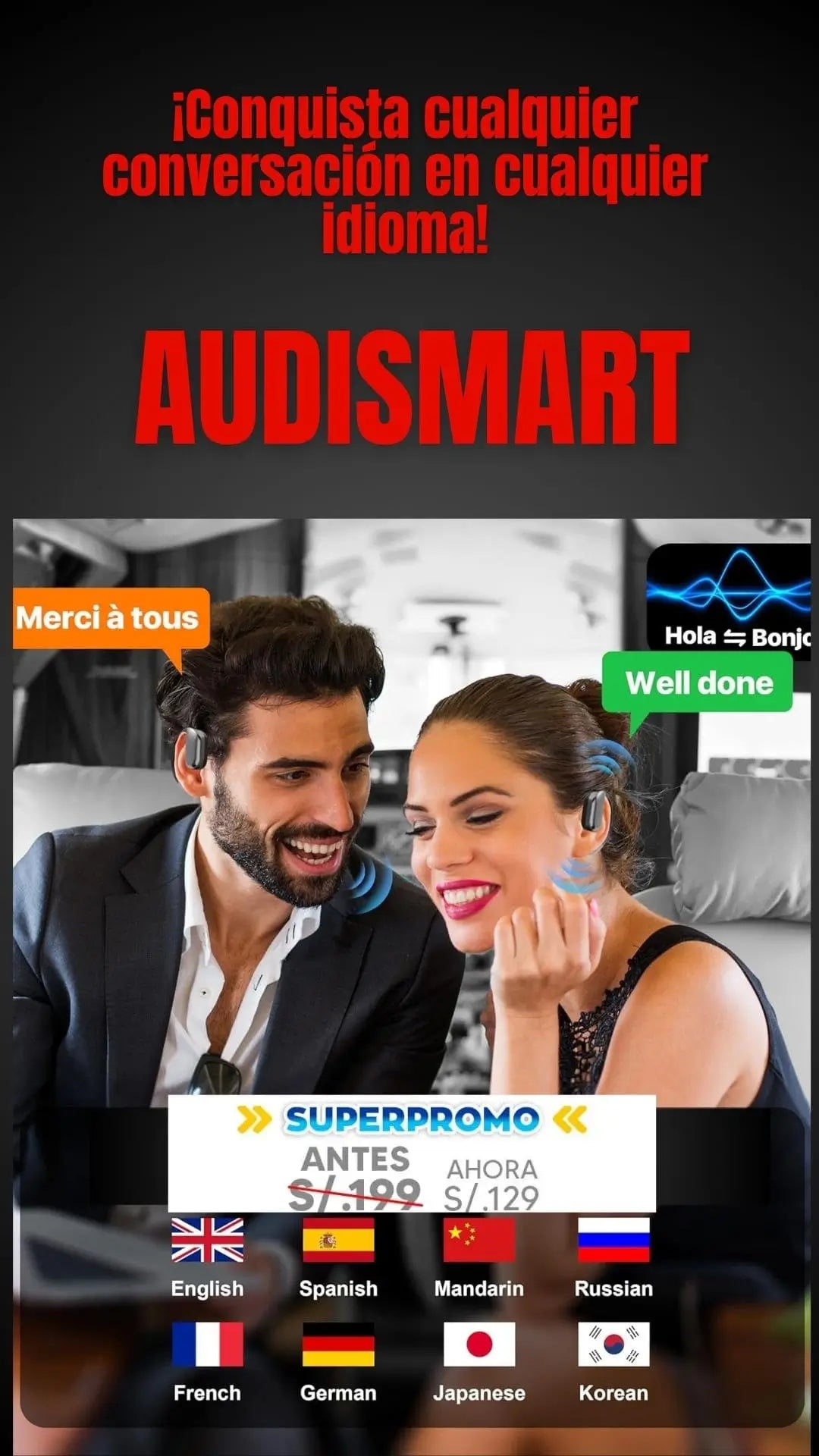 Audismart/ Traduce idiomas al instante desde tu oído/Compra 1 y el 2° a mitad de precio + envío GRATIS