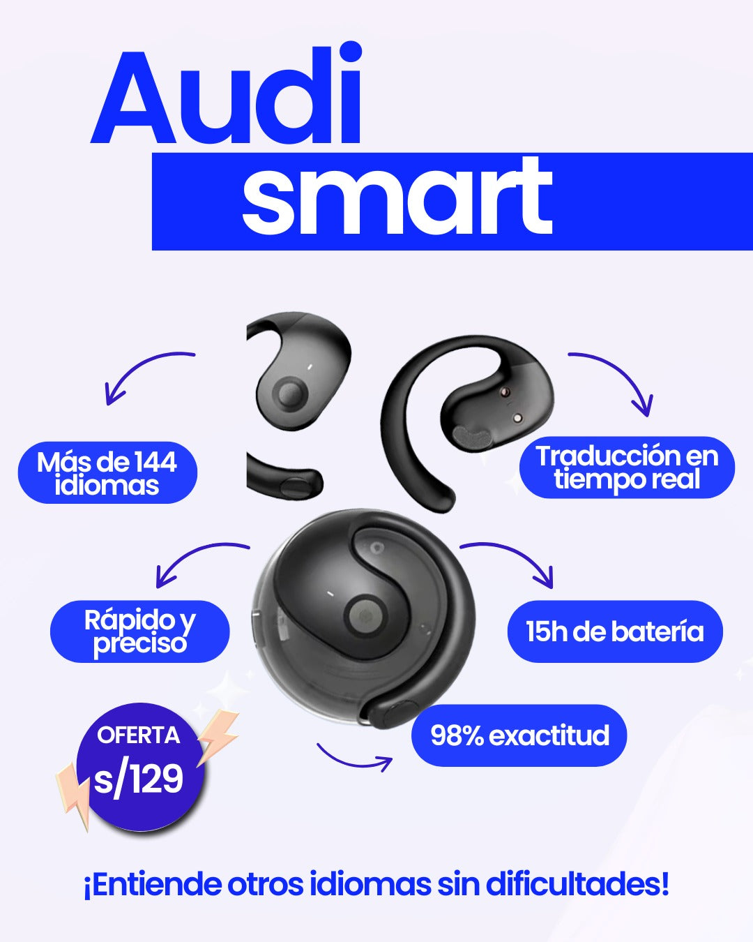 Audismart/ Traduce idiomas al instante desde tu oído/Compra 1 y el 2° a mitad de precio + envío GRATIS
