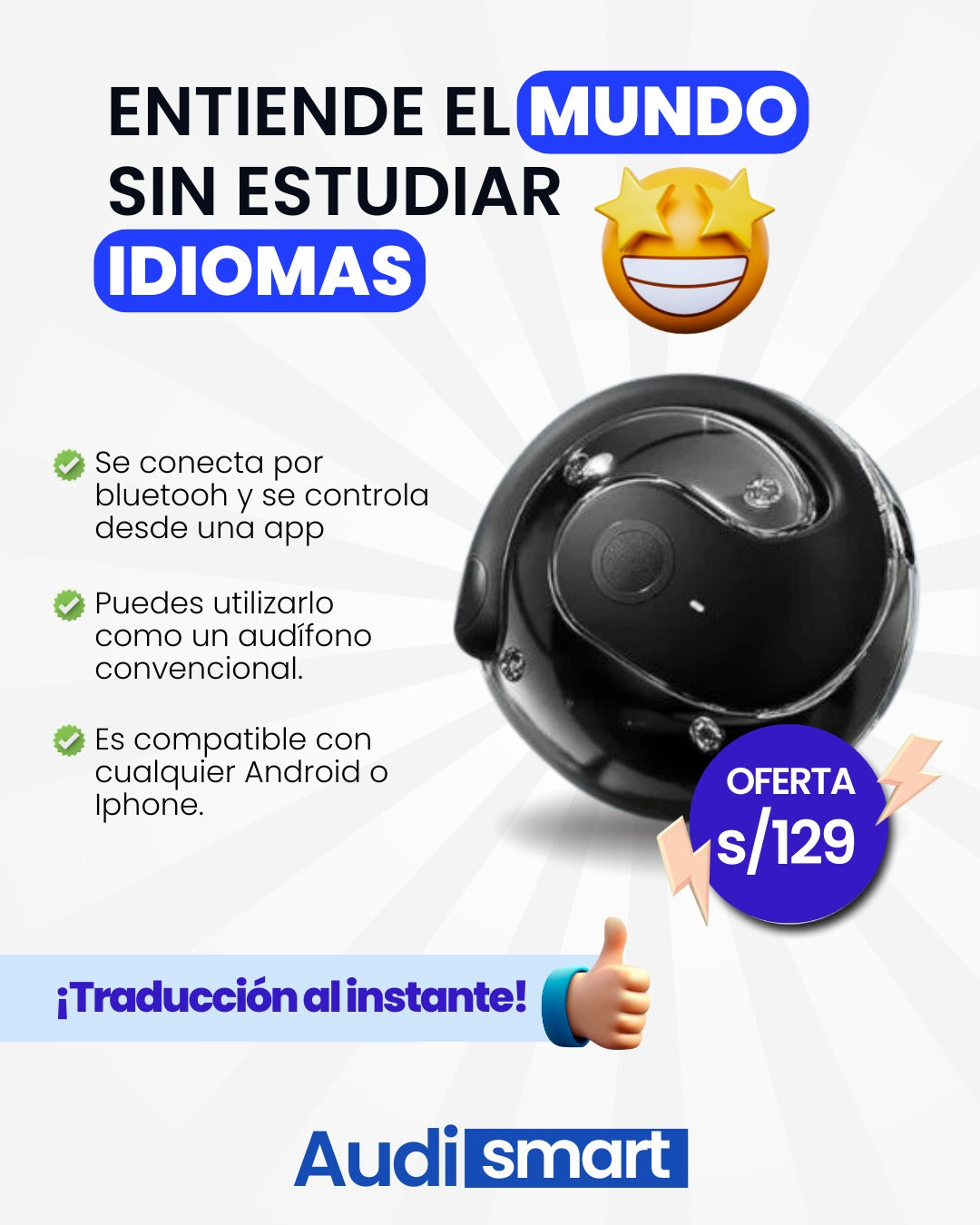 Audismart/ Traduce idiomas al instante desde tu oído/Compra 1 y el 2° a mitad de precio + envío GRATIS
